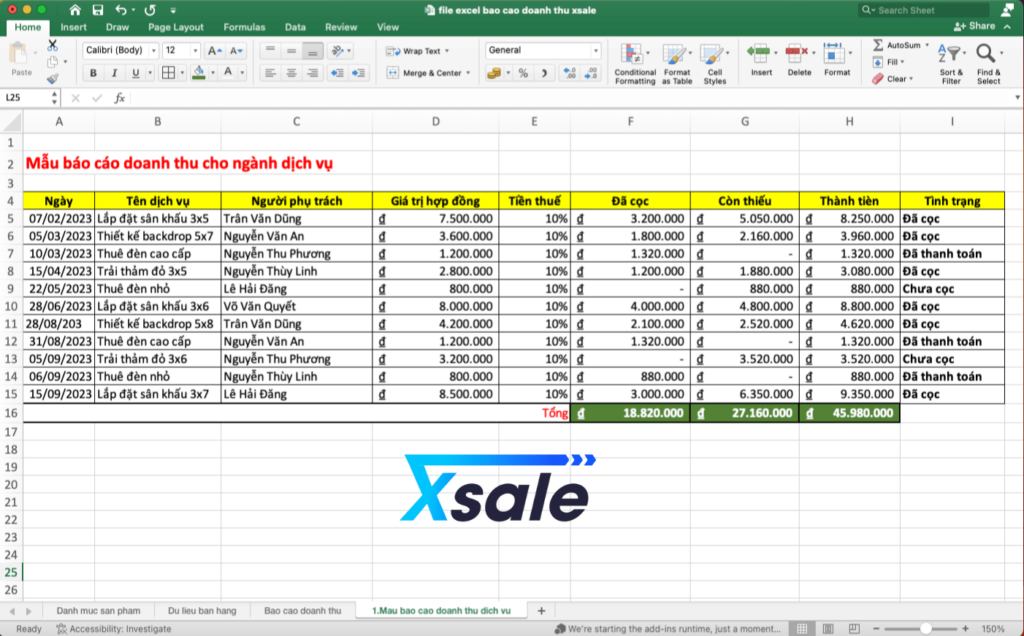Mẫu Excel báo cáo doanh thu cho ngành dịch vụ