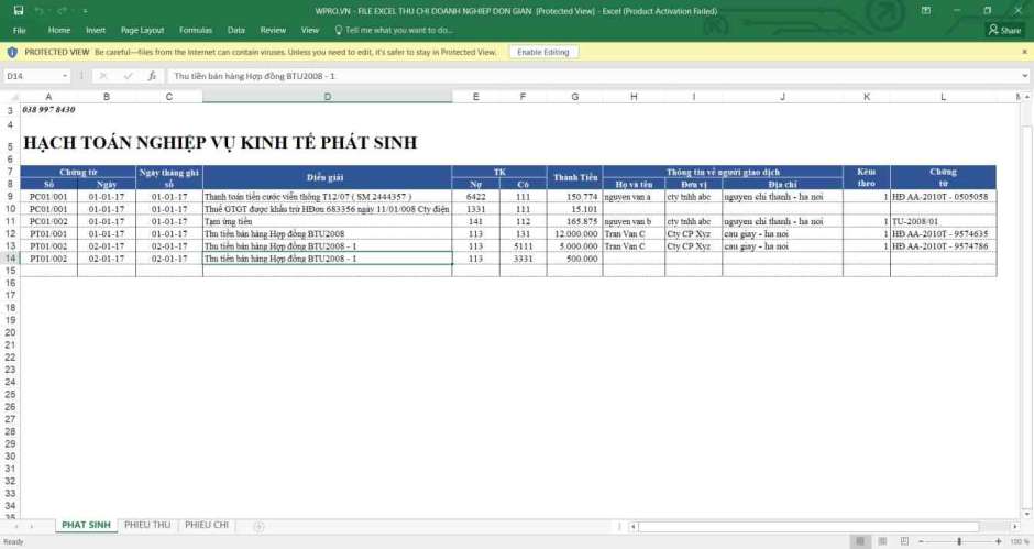 Mẫu file 3 quản lý thu chi bằng Excel 
