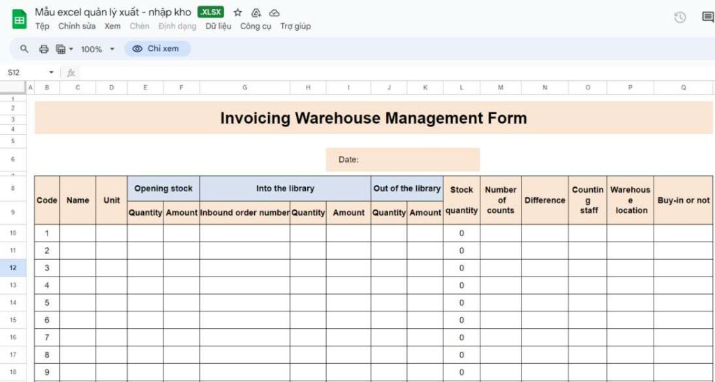 Mẫu file Excel quản lý xuất nhập tồn kho 