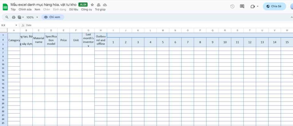 Mẫu file Excel quản lý kho 