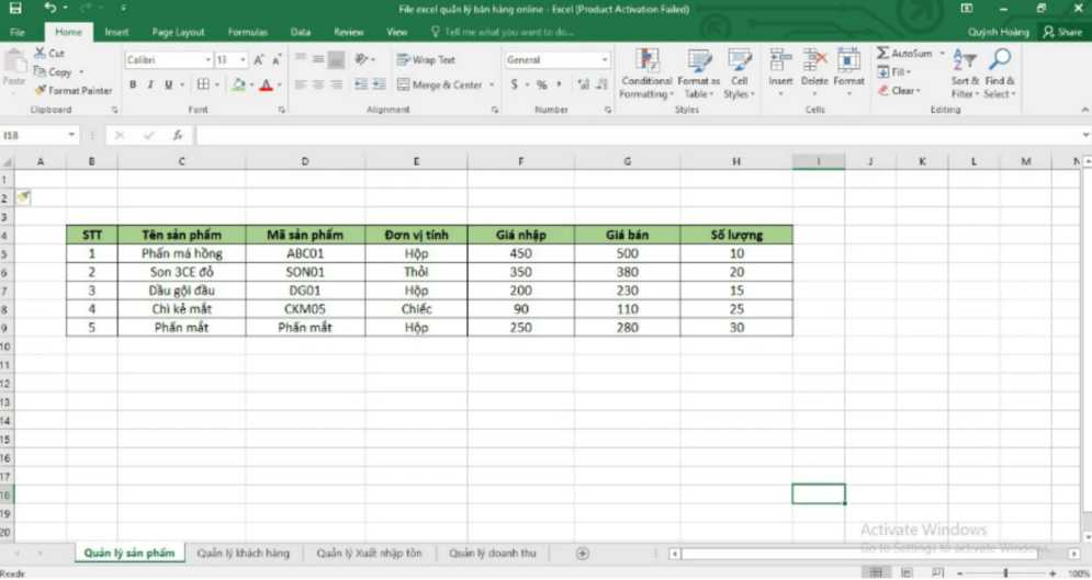 File Excel quản lý sản phẩm