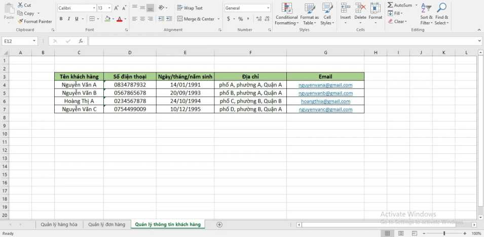  File Excel quản lý các thông tin về khách hàng