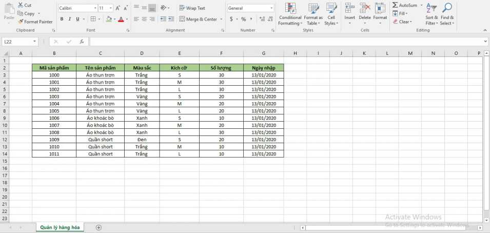 File Excel quản lý sản phẩm