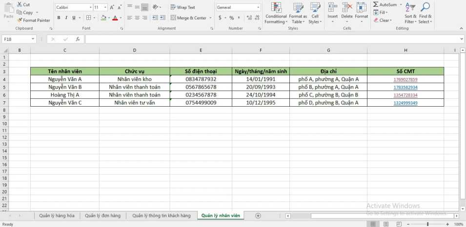 File Excel quản lý thông tin quan trọng về nhân viên