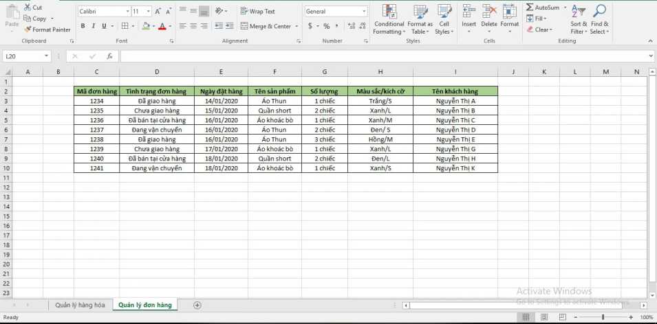 File Excel quản lý đơn hàng